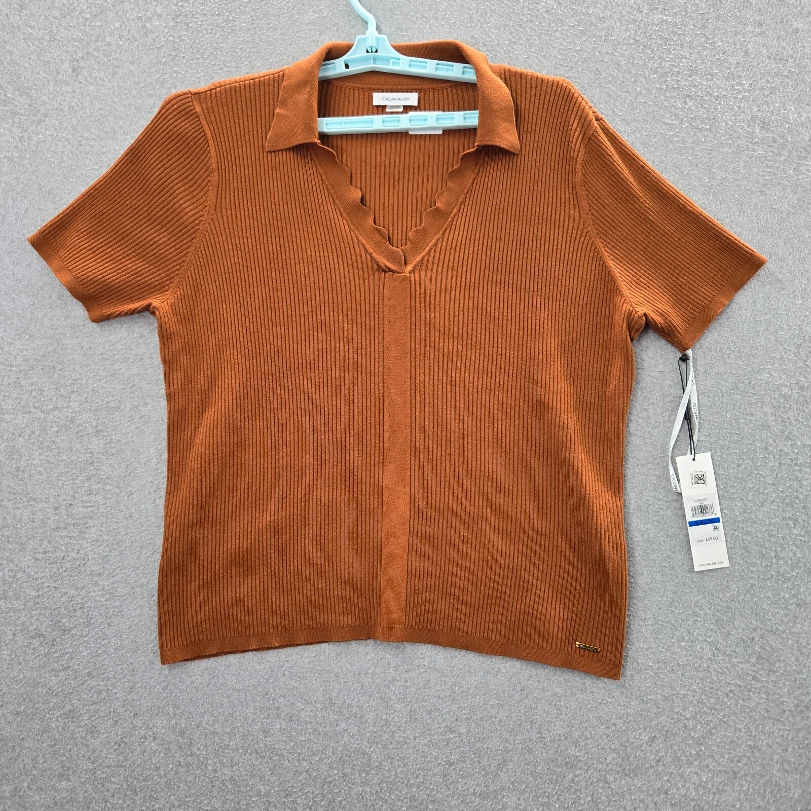Calvin Klein Women Sweater Xl Brown Ribbed Short Sleeve Collar Nwt